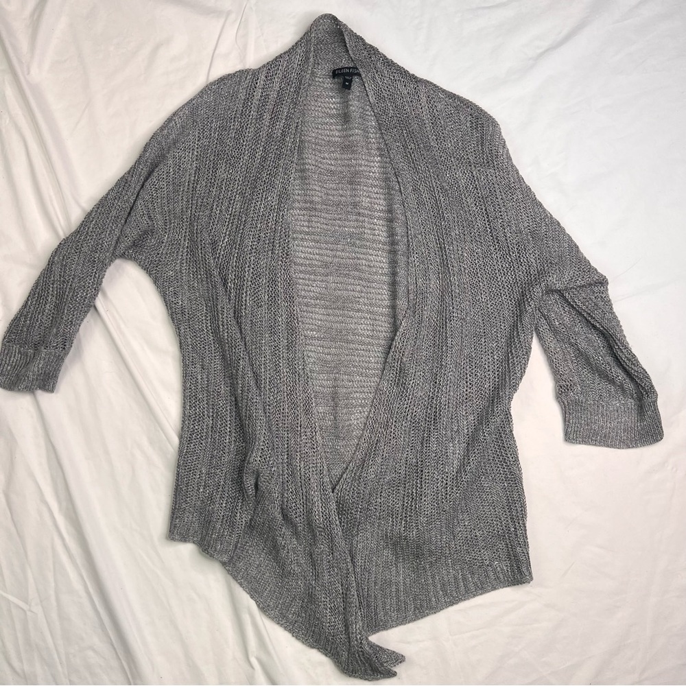Eileen Fisher  Cardigan Sweater Open Front Knit Linen Silk Gray Tan Sz M L010523